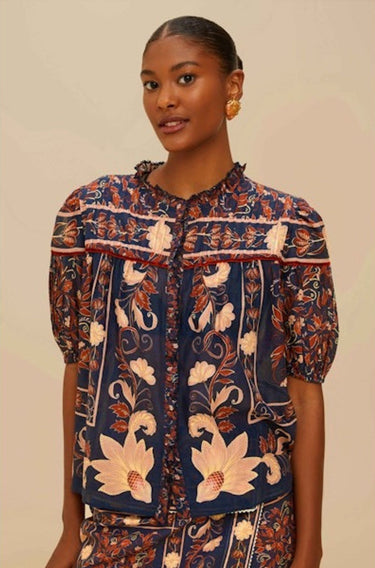 BOHO FLORAL SCARF NAVY BLUE BLOUSE-Tops-Farm Rio-Debs Boutique
